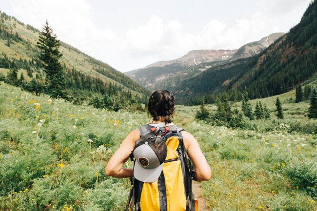 Wanderin von hinten geht auf einer Wiese