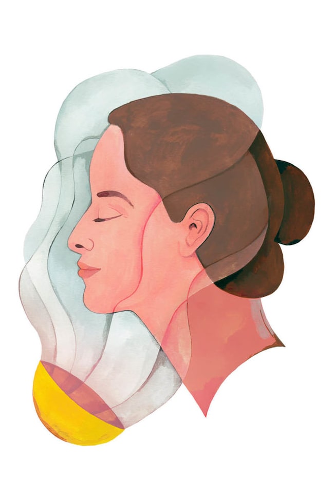 Zeichnung einer Frau, die ihr Gesicht in Wasserdampf hält