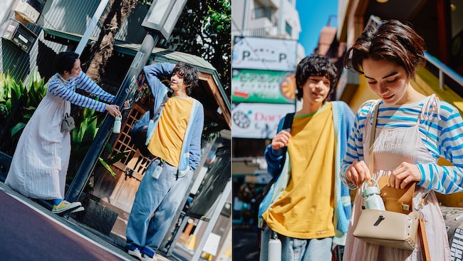 Zwei junge Menschen genießen eine Pause in der Stadt mit einer Hydro Flask Micro Bottle – urbaner Lifestyle, bewusste Momente und achtsames Trinken unterwegs.