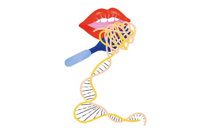 Geschmack mit der Zunge erleben: Illustration eines Mundes der Nudeln isst in Form eines Genstranges