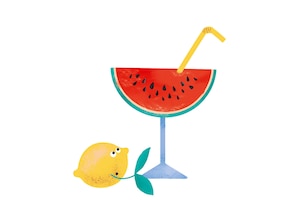 Illustration einer Wassermelone als Glas mti einer Zitrone daneben