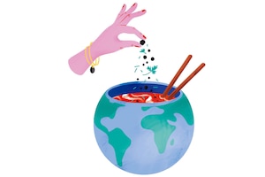 Illustration für Geschmackssinn Zunge: Illustration einer Weltkugel als Suppenschüssel, in die eine Hand Gwürze streut