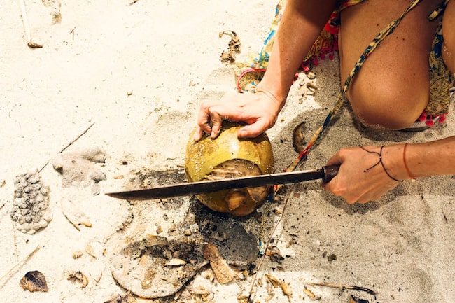 Mit einer Machete auf einer Insel eine Kokosnuss aufschlagen