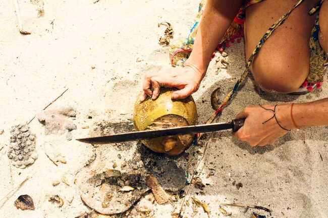 Mit einer Machete auf einer Insel eine Kokosnuss aufschlagen