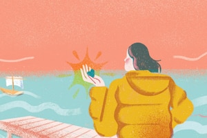 Illustration Frau mit Stein am Meer
