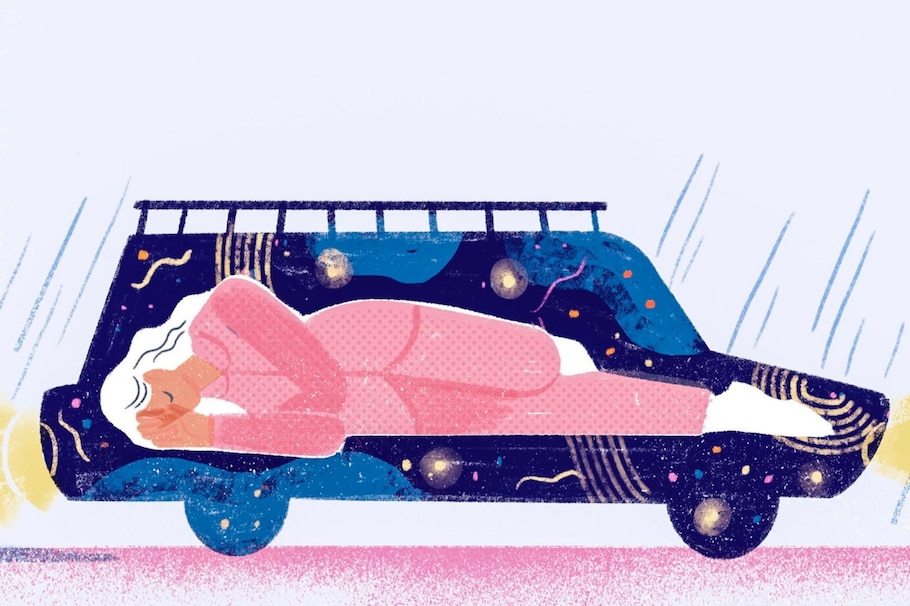 Illustration Frau schlafend im Auto