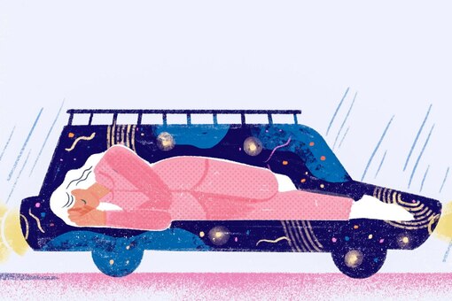 Illustration Frau schlafend im Auto