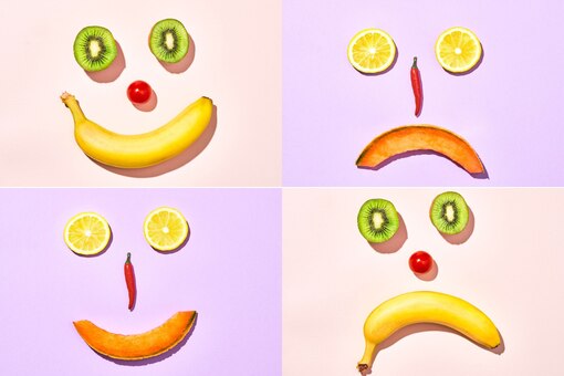 Lachende und traurige Obstgesicher