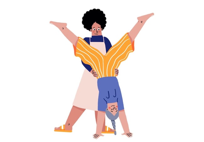 Illustration, Frau übt mit anderen Frau Handstand mit gespreitzten Beinen