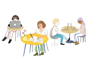 Füllfeder, Illustration von Menschen an einem Tisch, Laptops