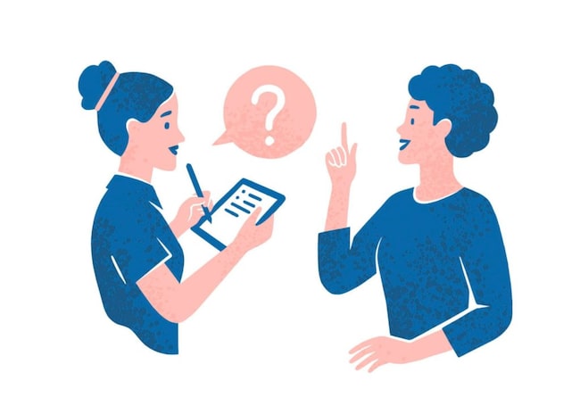 Illustration neuer Job, zwei Frauen im Gespräch, in dem es Fragen geht