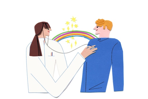 Illustration, Ärztin, Mann, Stetoskop, Regenbogen