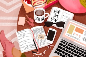 Digital Detox, Illustration, Handy, Laptop, Kaffee, Terminplaner, Kopfhörer, carpe diem