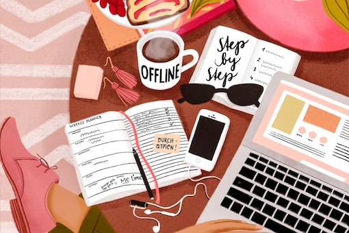 Digital Detox, Illustration, Handy, Laptop, Kaffee, Terminplaner, Kopfhörer, carpe diem