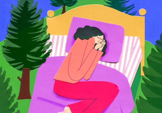 Illustration, Frau, Bett, Waldumgebung, schlafen, Zirbenholz, ätherische Öle