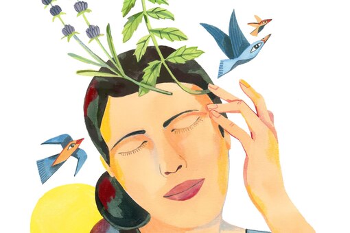 Illustration, Frau, Kopf, Kräuter, Vögel, Kopfschmerzen, Beschwerden, ätherische Öle