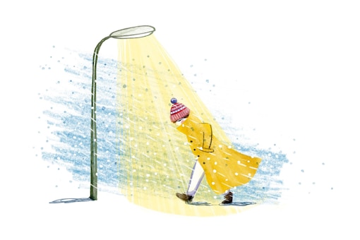 Illustration, Winter, Straßenlaterne, Schneesturm, Person im Mantel und Pudelmütze, Mütze, Haube, Ode, Kolumne, carpe diem