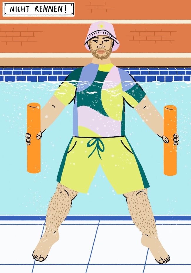 Aquafitness, Mann, Wasser, Schwimmbecken, Schwimmnudel, Training, Wassersport, Illustration