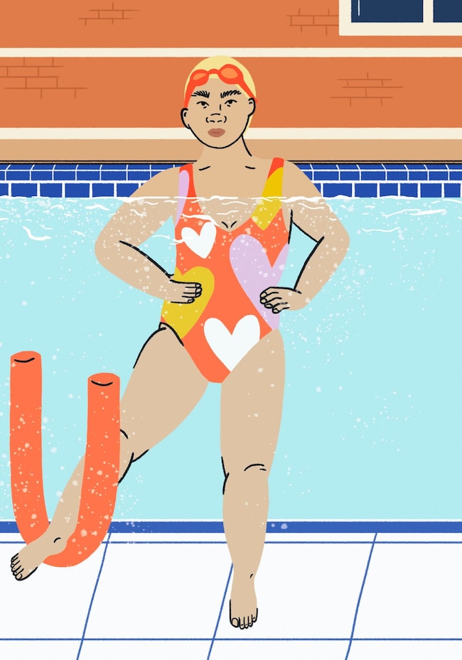 Aquafitness, Frau, Wasser, Schwimmbecken, Schwimmnudel, Training, Wassersport, Illustration