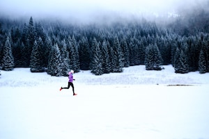 Wald im Hintergrund, Hochnebel, Schneelandschaft, verschneite Fläche mit Läuferin