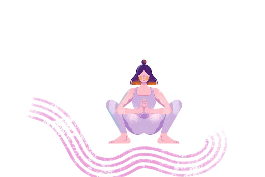 Illustration, Frau, Yoga, Dehnungshocke