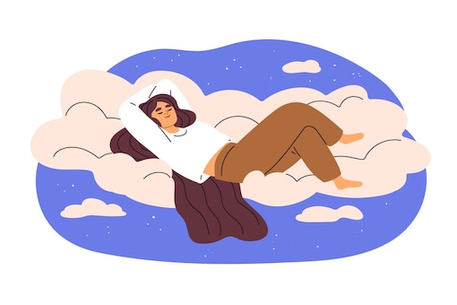 Illustration, schlafende zufriedene Frau auf Woken, Sternenhimmelhintergrund