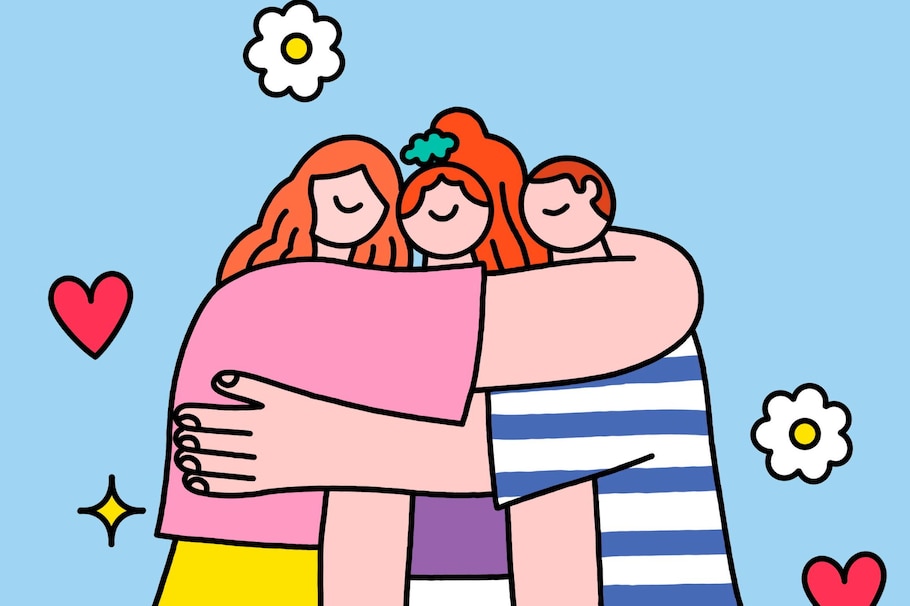 Illustration, 2 Mädchen, 1 Junge, Geschwister, Liebe, Geschwisterliebe, Umarmung, Herzen, Blumen