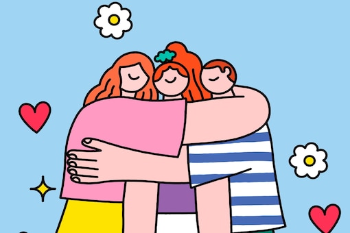 Illustration, 2 Mädchen, 1 Junge, Geschwister, Liebe, Geschwisterliebe, Umarmung, Herzen, Blumen
