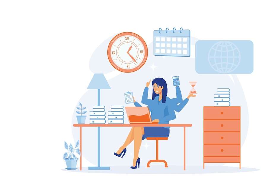 Illustration, Frau, Arbeitsplatz, Laptop, viele Arme, Zeit, Uhr, Kalender