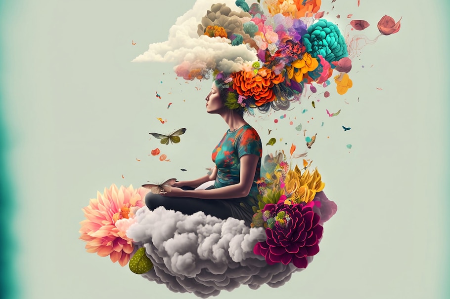 Illustartion, Frau, Gedanken, Wolken, bunte Blumen, Schmetterlinge Blätter