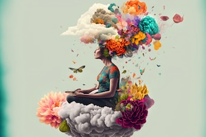 Illustartion, Frau, Gedanken, Wolken, bunte Blumen, Schmetterlinge Blätter