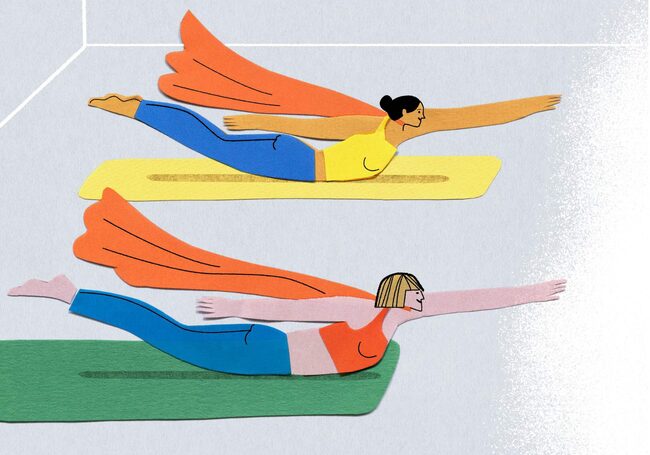 Illustration, Frauen auf der Yogamatte, Yoga, Heuschrecke, Superwoman