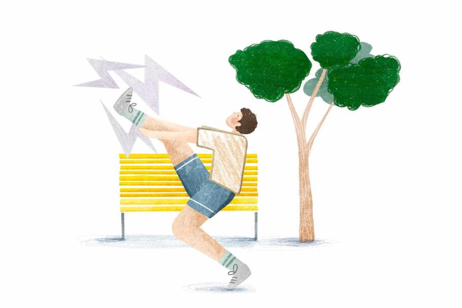 Illustration, Sportler, Laufen, Wadenkrampf, Bank, Baum, Ode an den Wadenkrampf