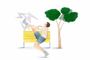 Illustration, Sportler, Laufen, Wadenkrampf, Bank, Baum, Ode an den Wadenkrampf