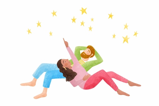 Illustration, Mann und Frau liegen am Boden und schauen in den Himmel, Sterne
