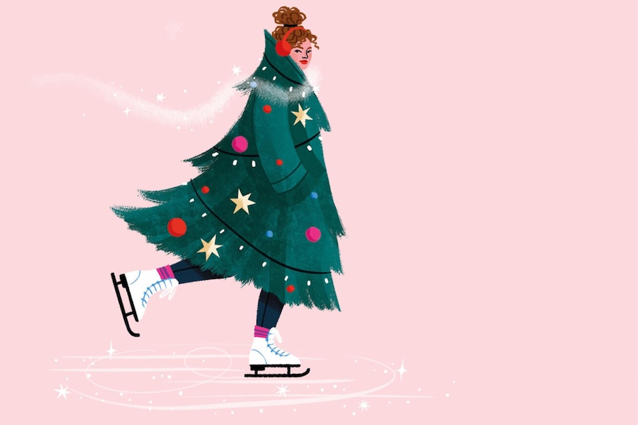 Illustration, Frau, Schlittschuhlaufen, Eislaufen, als Weihnachtsbaum verkleidet
