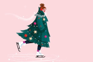 Illustration, Frau, Schlittschuhlaufen, Eislaufen, als Weihnachtsbaum verkleidet