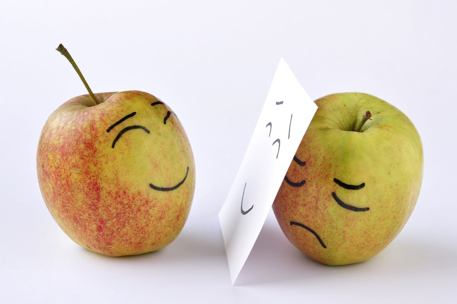 Apfel, Gesicht, fröhlich, traurig, Blatt Papier