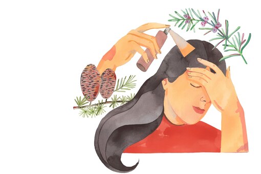 Illustratin, Frau mit dunklem langen Haar, Haarspray, Zapfen, Wacholder