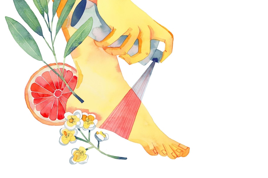 Illustration, Füße, Hand mit Pumpsprayflasche, Blutorange, Blüten, Zweig, ätherische Öle