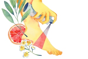 Illustration, Füße, Hand mit Pumpsprayflasche, Blutorange, Blüten, Zweig, ätherische Öle