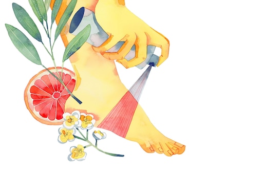 Illustration, Füße, Hand mit Pumpsprayflasche, Blutorange, Blüten, Zweig, ätherische Öle