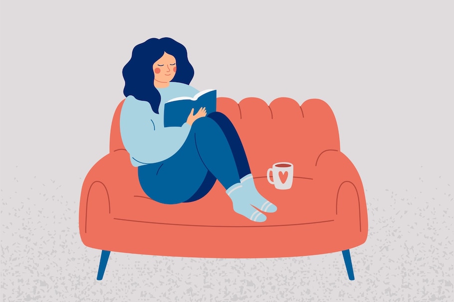 Illustration, Frau, Sofa, Buch, Kaffeetasse, Cocooning