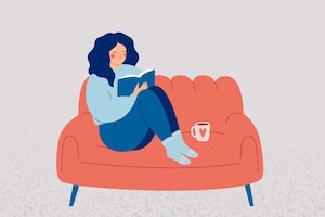 Illustration, Frau, Sofa, Buch, Kaffeetasse, Cocooning