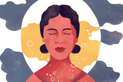 Illustration, Frau, geschlossenen Augen, Entspannung, Meditation, Ruhe
