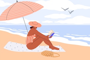 Illustration, lesende Frau, Strand, Sand, Badetuch, Buch, Strandtasche, Sonnenschirm, Meer, Vögel