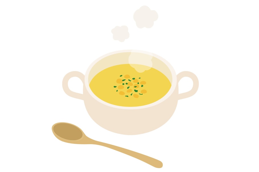 Illustration, Suppe, gelbe Suppe, Kartoffelsuppe mit Datteln, Suppenschüssel, Suppenlöffel