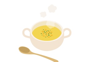 Illustration, Suppe, gelbe Suppe, Kartoffelsuppe mit Datteln, Suppenschüssel, Suppenlöffel