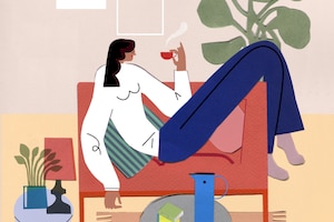 Illustration, Frau liegt gemütlich auf Sofa mit Tee in der Hand