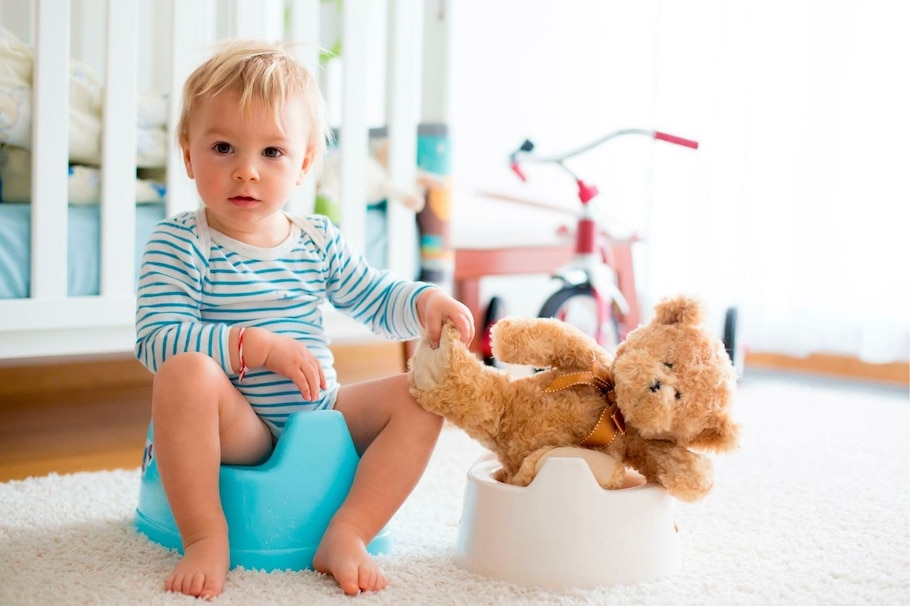 Töpfchentraining mit Kleinkind: Teddy darf auf ein eignes Töpfchen, um trocken zu werden